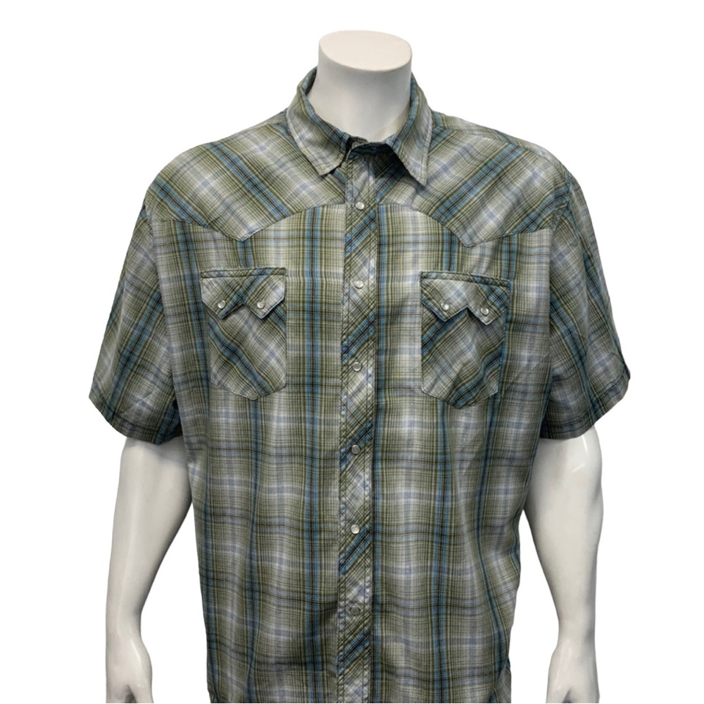 Wrangler Green White Blue Silver Plaid Pearl Snap Western Short Sleeve Shirt 3XL